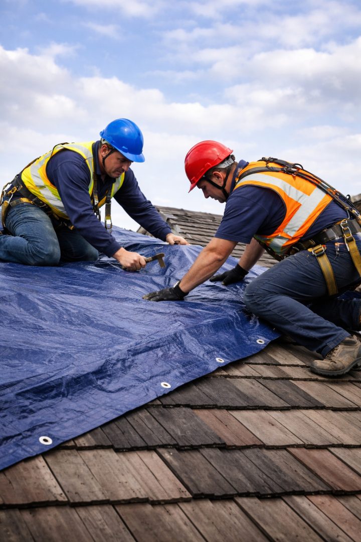 Roofers repairing storm-damaged roof in London using tarp – best roofing services London